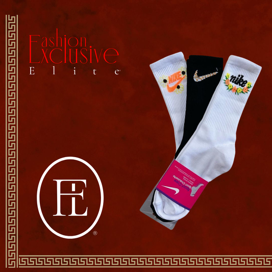 Calcetines Nike Unitalla Largos Negro - Blanco Con Flores Amarillas / Naranjas