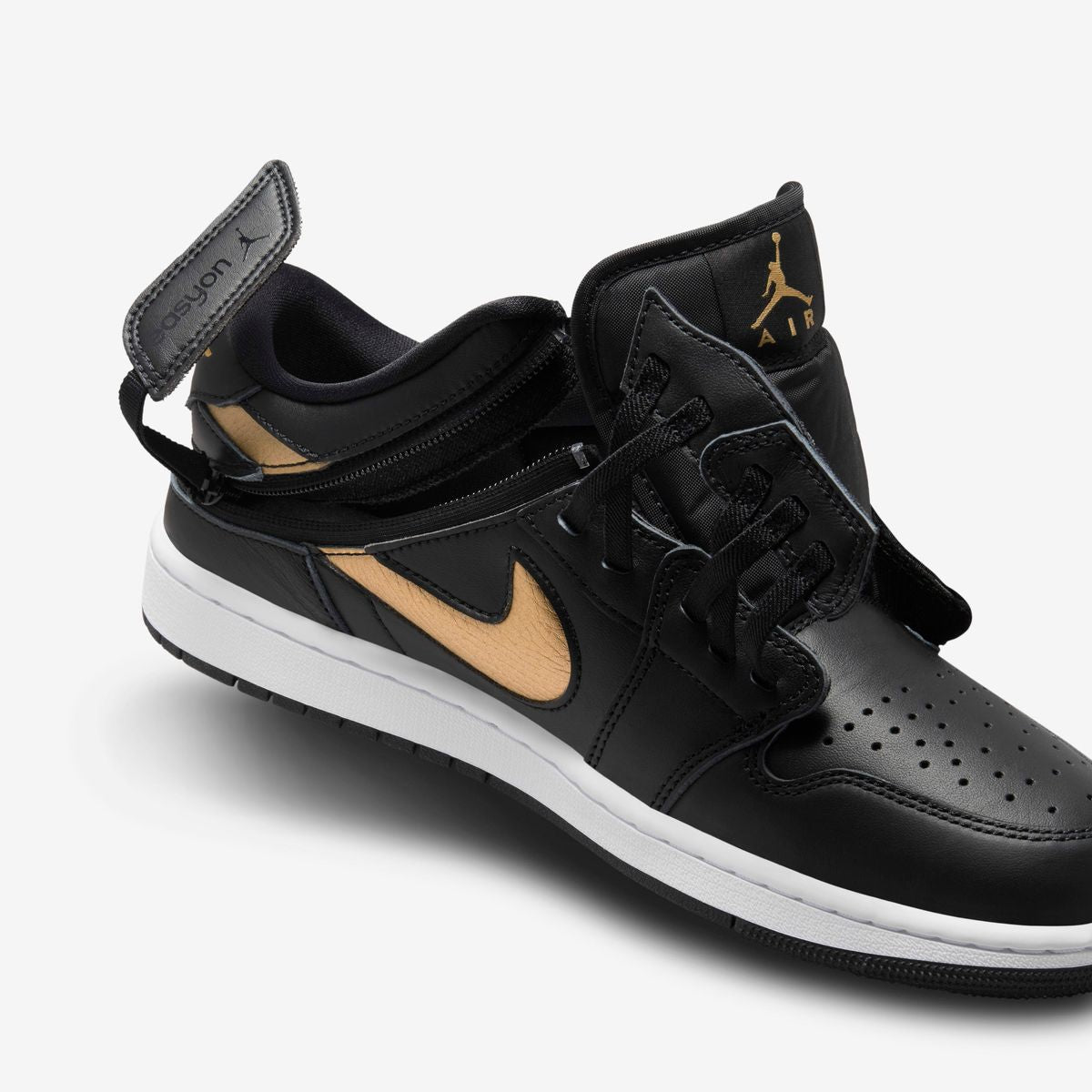 Jordan 1 Low FlyEase Black White Metallic Gold