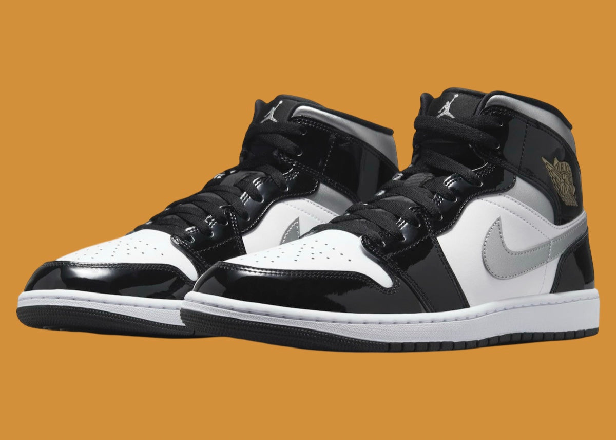 Jordan 1 Mid SE Patent Black White Metallic Silver Metallic Gold