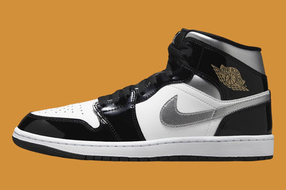 Jordan 1 Mid SE Patent Black White Metallic Silver Metallic Gold