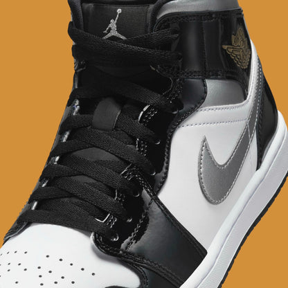 Jordan 1 Mid SE Patent Black White Metallic Silver Metallic Gold