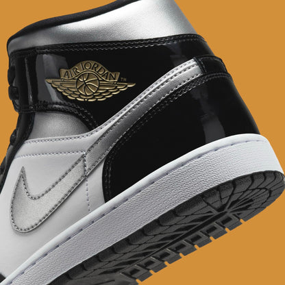 Jordan 1 Mid SE Patent Black White Metallic Silver Metallic Gold