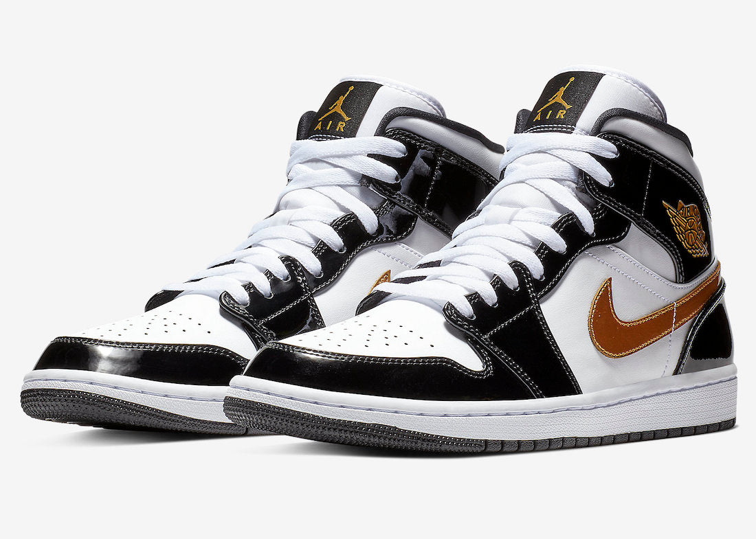 Jordan 1 Mid Patent Black White Gold