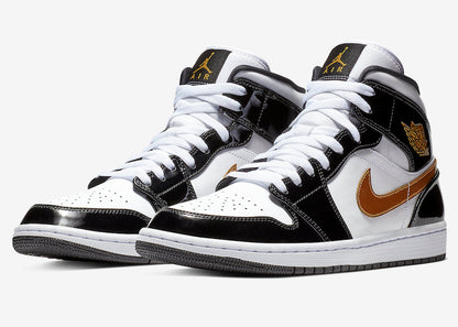 Jordan 1 Mid Patent Black White Gold