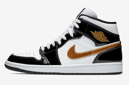 Jordan 1 Mid Patent Black White Gold