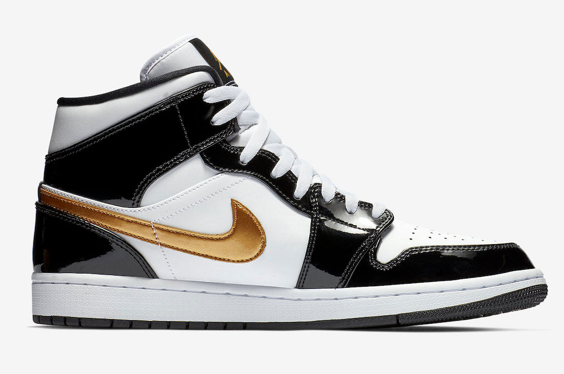 Jordan 1 Mid Patent Black White Gold