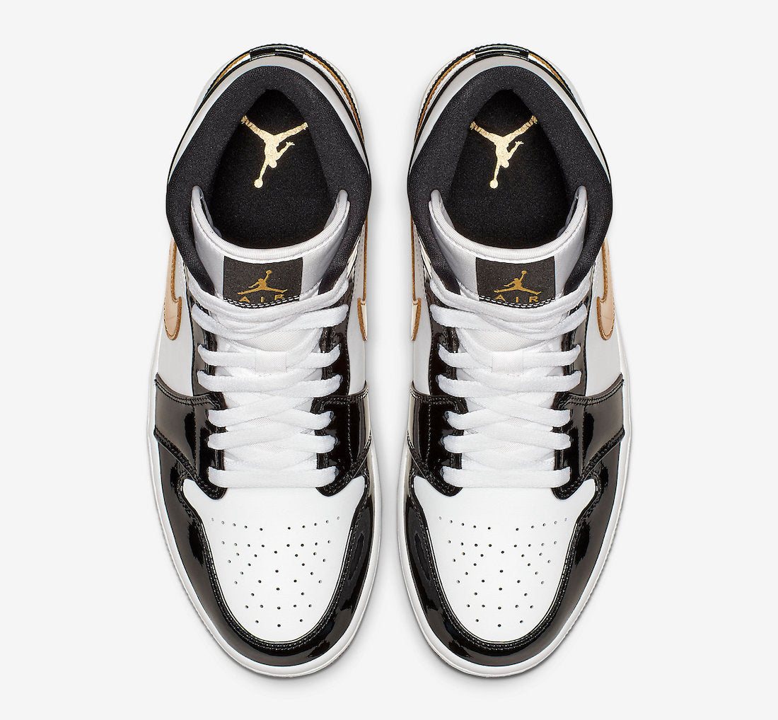 Jordan 1 Mid Patent Black White Gold