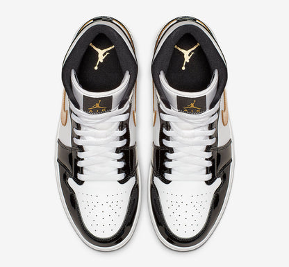 Jordan 1 Mid Patent Black White Gold