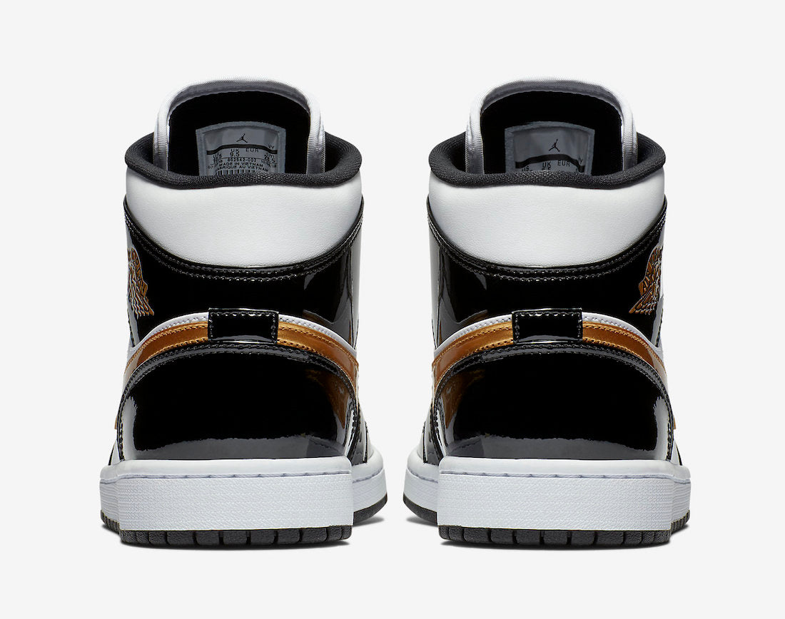 Jordan 1 Mid Patent Black White Gold