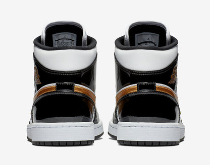 Jordan 1 Mid Patent Black White Gold