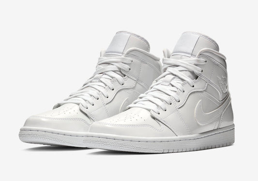 Jordan 1 Mid Triple White Patent Swoosh (Women's) - Vista 1